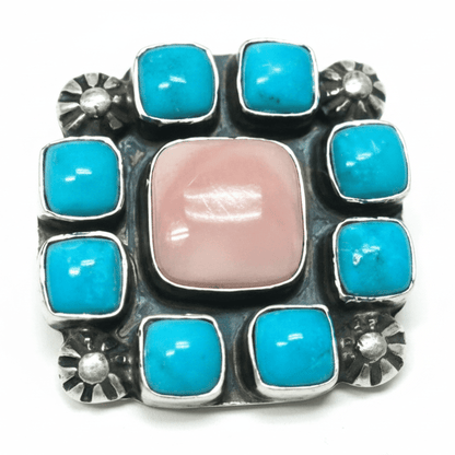 Hogan Pink Conch and Kingman Turquoise Cluster Ring, Kathleen Livingston - Turquoise Mustang