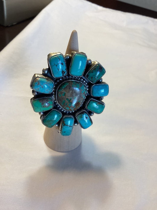 Ring, Freeform Center Royston & 10 mixed Turquoise, Cluster, unreadable hallmark - Turquoise Mustang