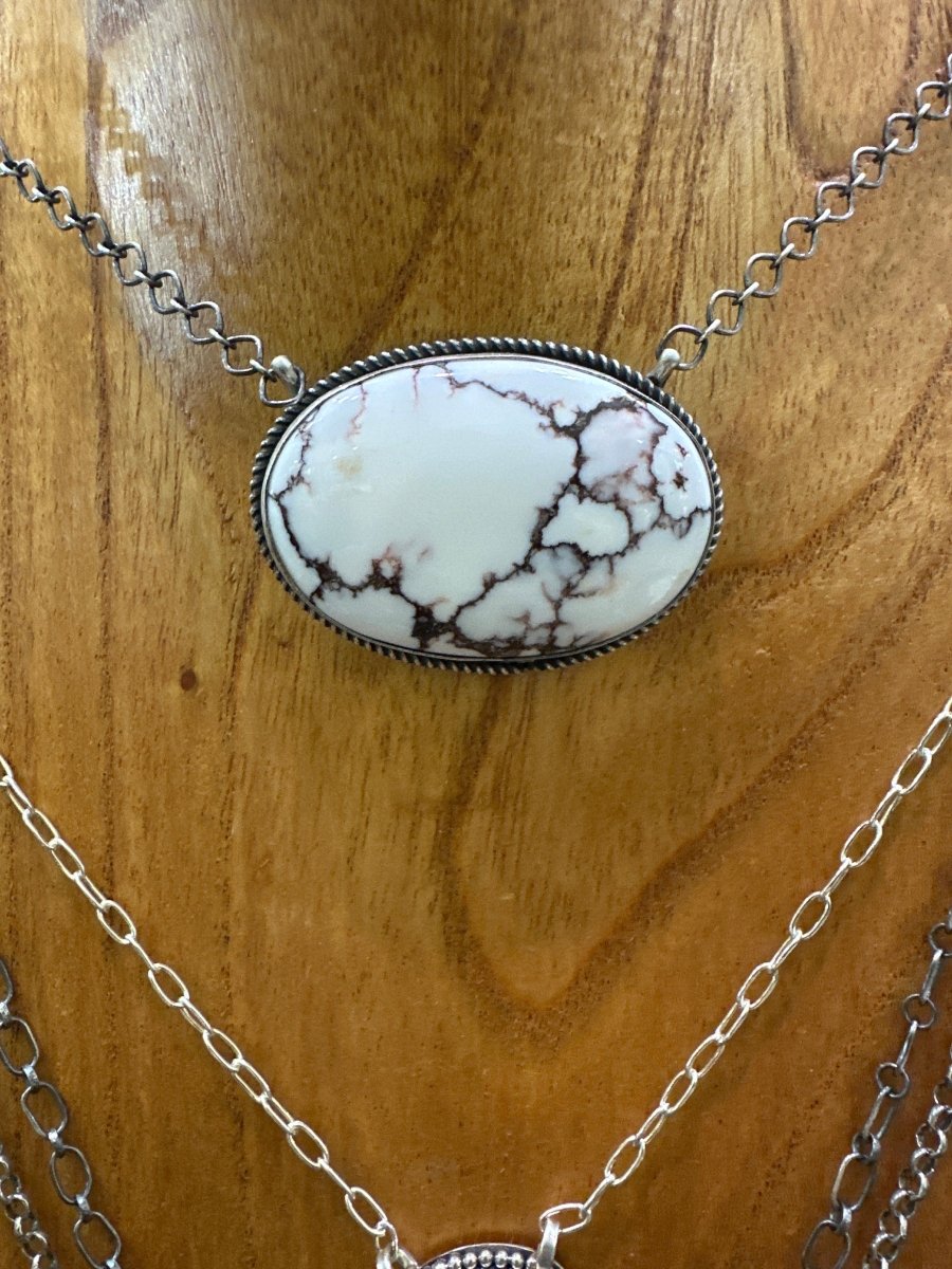 19” Large Oval Wild Horse Magnesite Bar Necklace - Turquoise Mustang