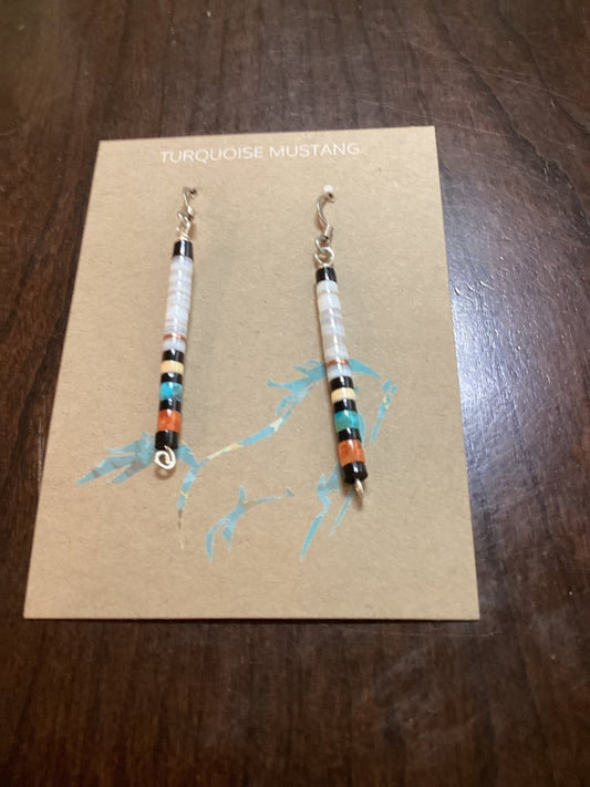 Earrings, Stick style, Pin Shell, Pinshell, Apple Coral, Heishi, Mary Calabaza - Turquoise Mustang