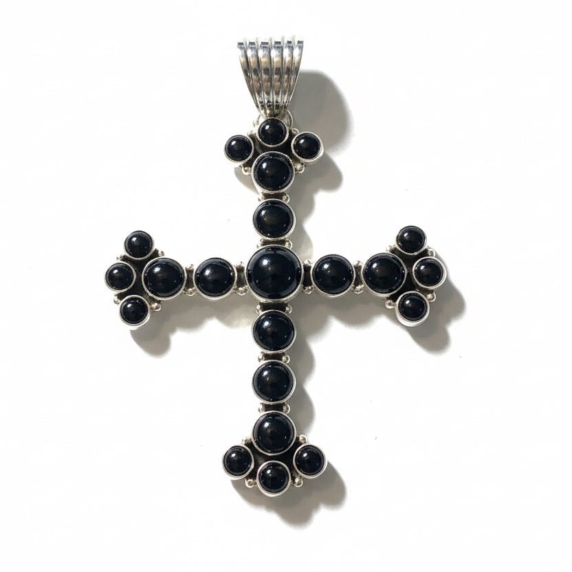 21 - Stone Black Onyx Cluster Cross Pendant in Sterling Silver, Dan Dodson - Turquoise Mustang