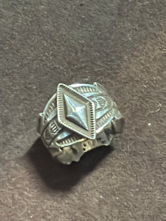 Stamped Silver Ring with Repousse Center Diamond by Adrian Reeves Long - Turquoise Mustang