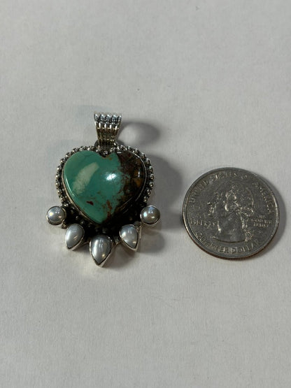 Nasturtium Heart Pendant with Pearls - Turquoise Mustang