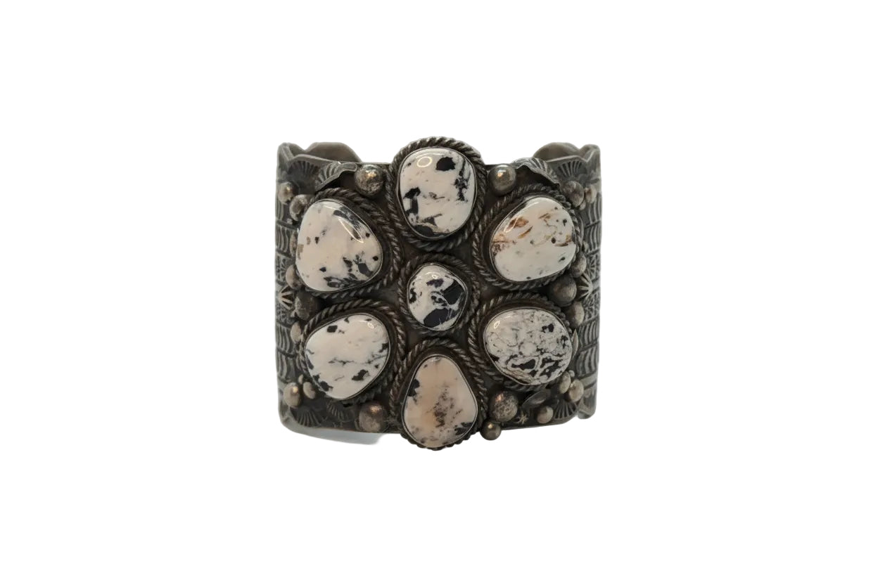 Mega Seven - Stone White Buffalo Cluster Cuff, by Jimmy Yazzie - Turquoise Mustang