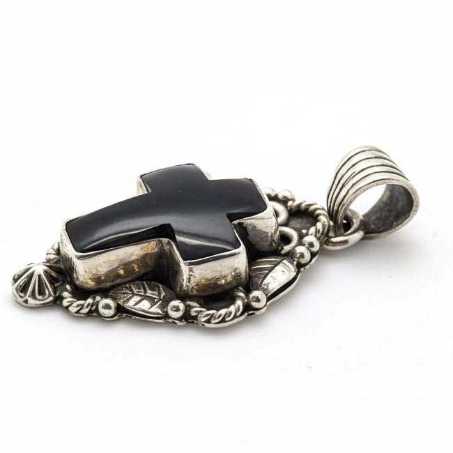 Small Black Onyx Cabochon Cross Pendant with Star & Leaf Bezel, Dan Dodson - Turquoise Mustang