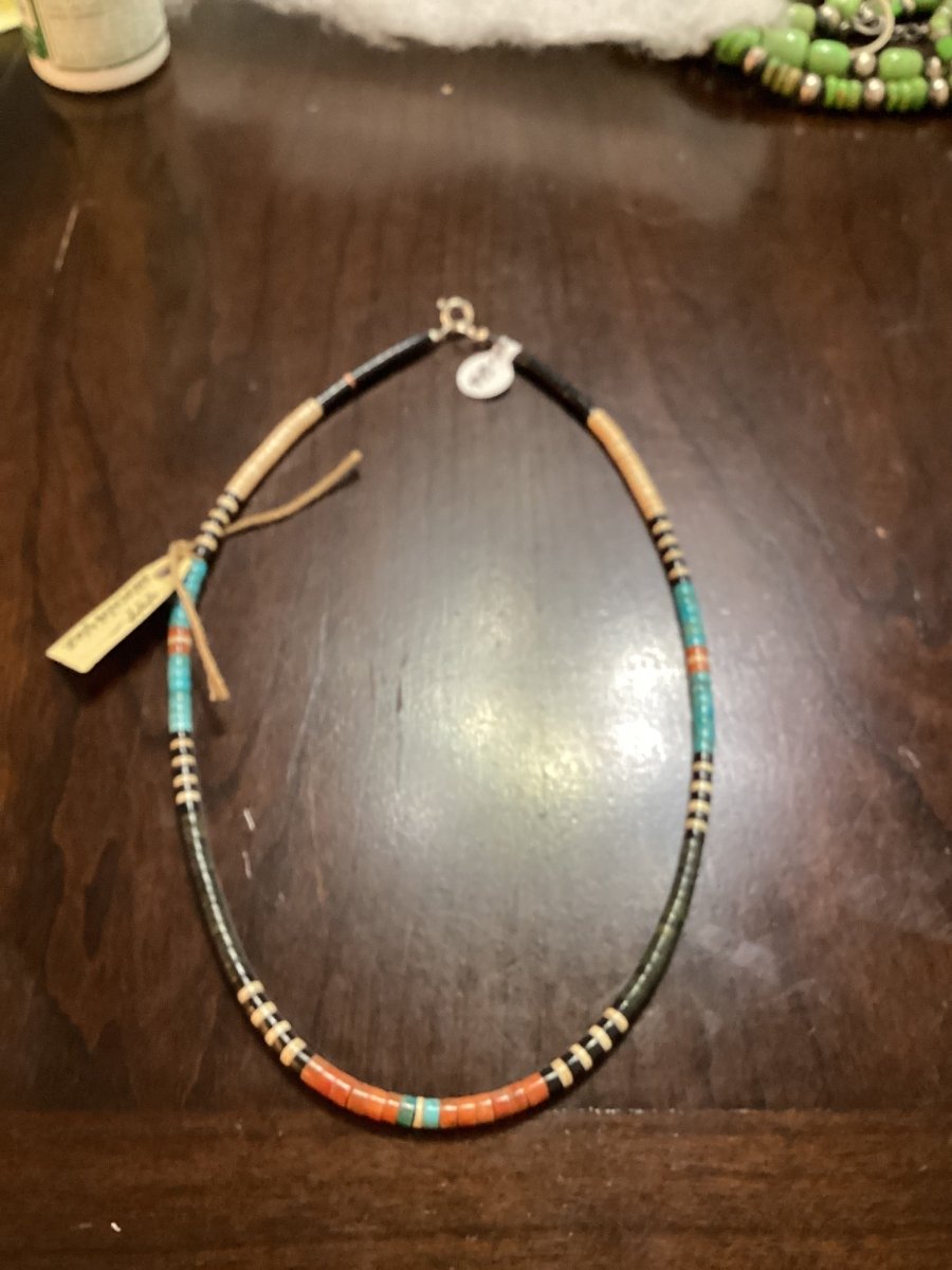 Necklace, 16" Graduated Mixed Turquoise & Jet Perfect Heishi, Santa Domingo, Gerard and Mary Calabaza - Turquoise Mustang