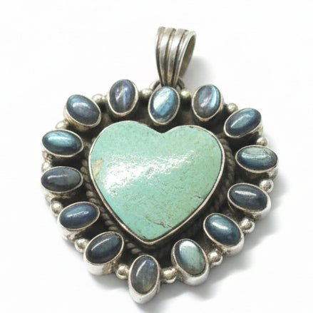 Turquoise & Labradorite Cluster Heart Pendant - Turquoise Mustang