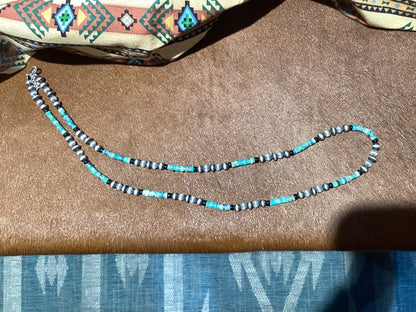 32” Turquoise Heishi Necklace with 5mm Black Onyx Rounds and 8mm Corrugated Silver Rounds and 10mm Silver Saucers - Turquoise Mustang