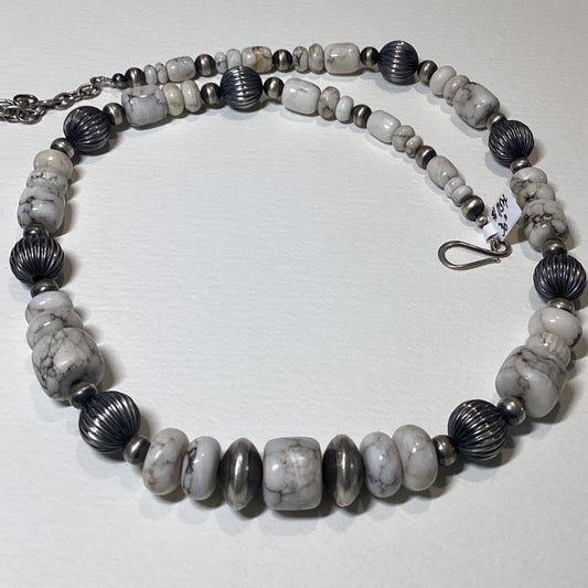 30", 1 strand, 14mm Corrugated Navajo Pearls with White Jasper beads, Dan Dodson (1) - Turquoise Mustang