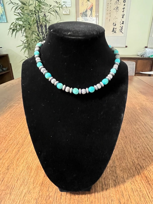 14" Premium Turquoise Beads & Corrugated Silver Saucer Necklace - Turquoise Mustang