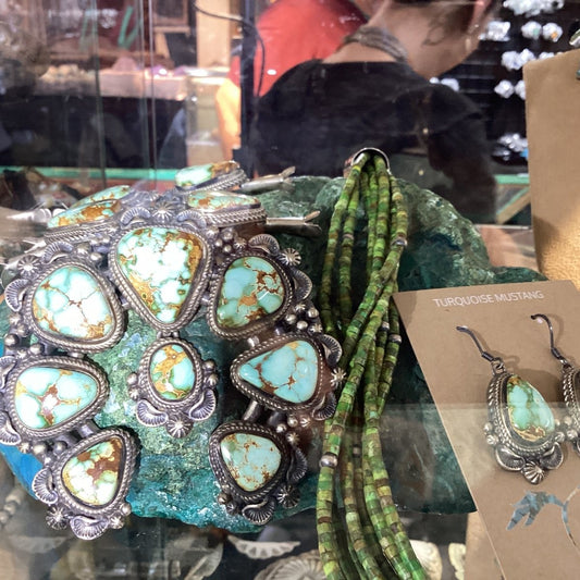 Squash Blossom, necklace set, Royston Turquoise, set w earrings, T Francisco - Turquoise Mustang