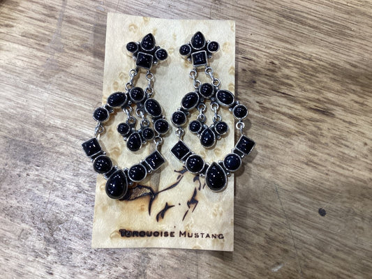Earring, cluster black onyx 4 stone posts, squares, 12 cabs below, Dan Dodson - Turquoise Mustang