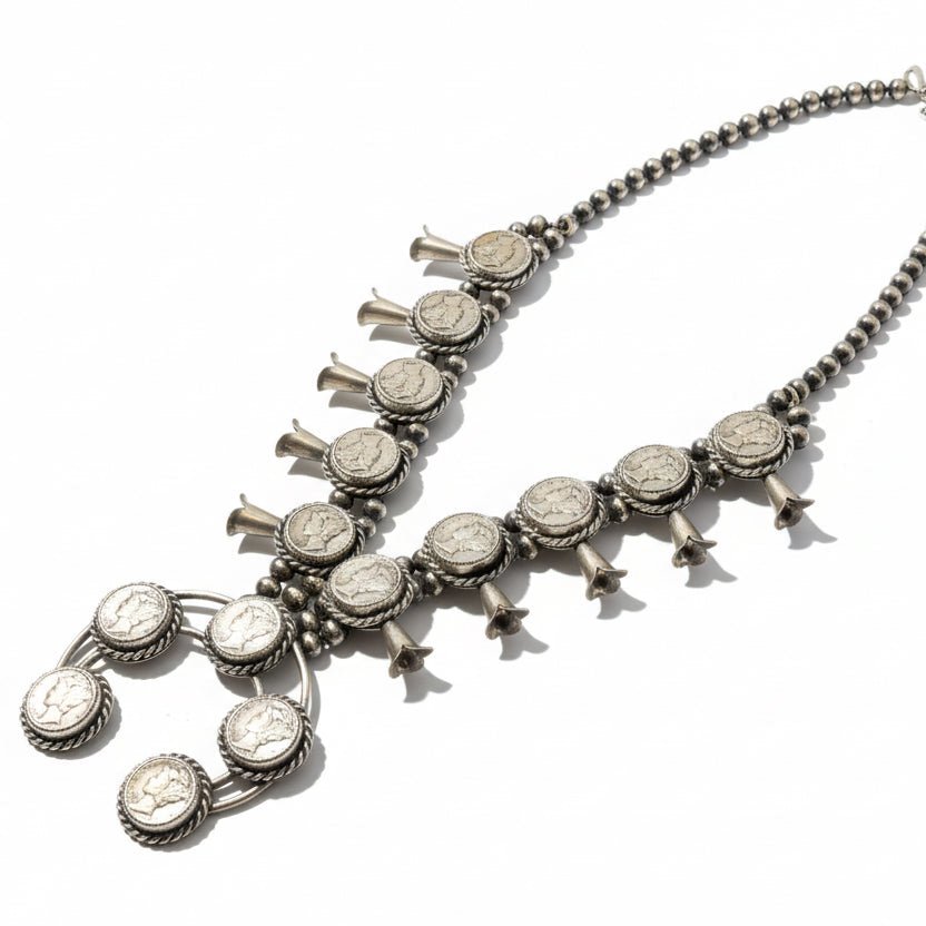 24.5” Mercury Dime Squash Blossom Necklace - Turquoise Mustang