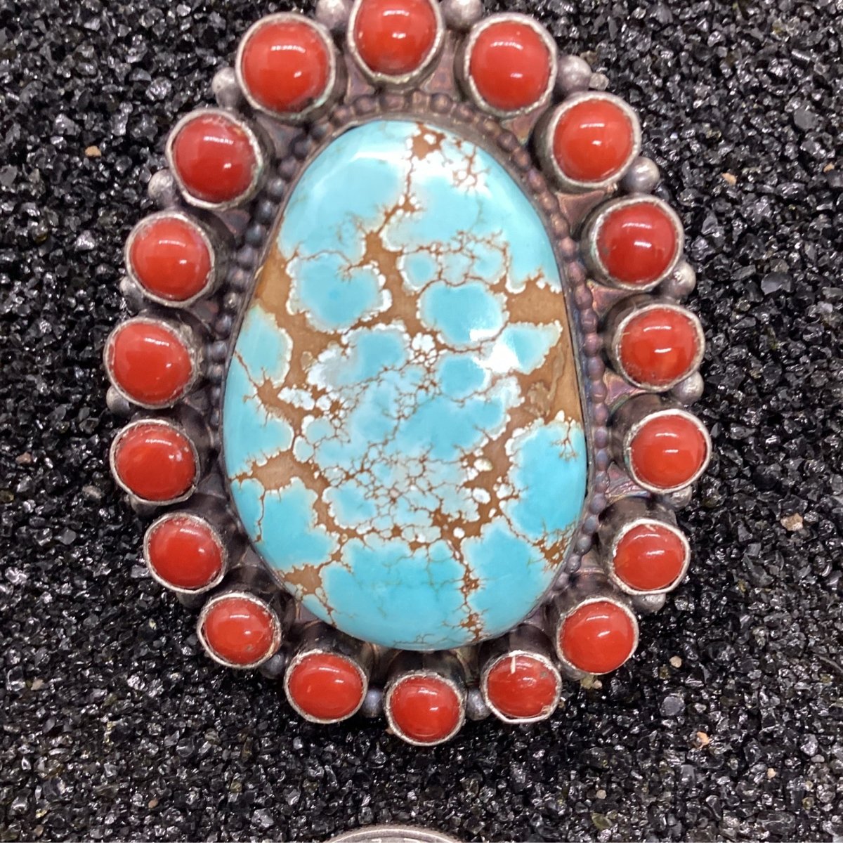 Large Ring, 20 Stone Cluster Number Eight surrounded by Mediterranean Coral, Peterson Johnson - Turquoise Mustang