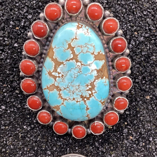 Large Ring, 20 Stone Cluster Number Eight surrounded by Mediterranean Coral, Peterson Johnson - Turquoise Mustang