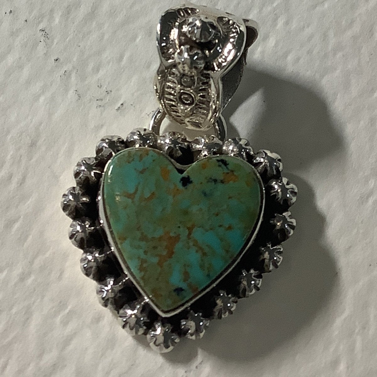 Pendant, Heart, Small Kingman Turquoise Heart Cab w/ star bezel stamped bail, DD - Turquoise Mustang