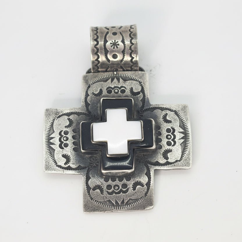 Pendant, Cross, Navajo style with stacked Black Onyx and White Jade Cross Cabs, DD - Turquoise Mustang