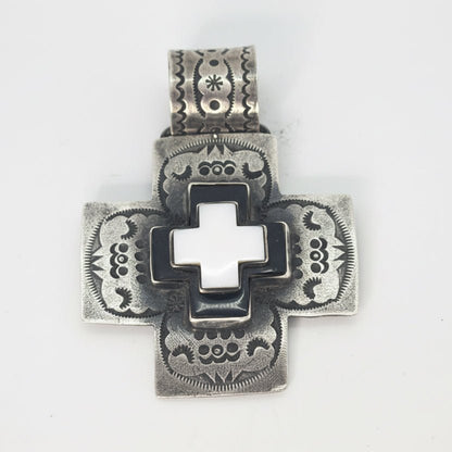Pendant, Cross, Navajo style with stacked Black Onyx and White Jade Cross Cabs, DD - Turquoise Mustang