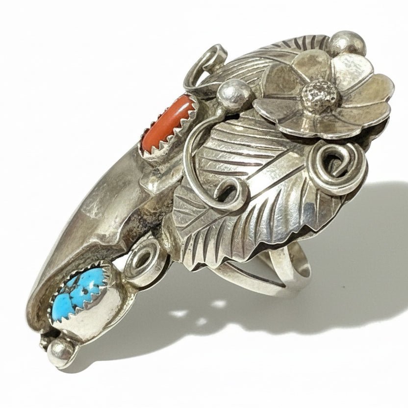 Vintage Navajo Bear Claw Ring with Sleeping Beauty Turquoise and Red Coral, Size 9.75 James Toadelena - Turquoise Mustang