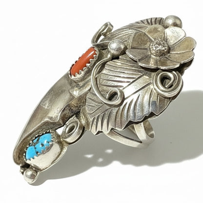 Vintage Navajo Bear Claw Ring with Sleeping Beauty Turquoise and Red Coral, Size 9.75 James Toadelena - Turquoise Mustang