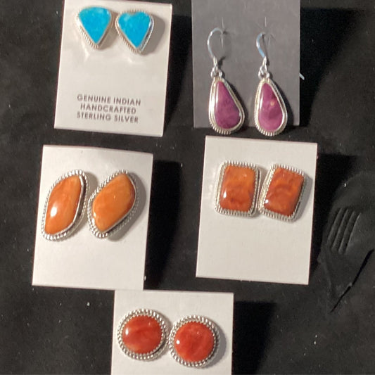 Earring, red & orange spiny oyster post drops, B iggie - Turquoise Mustang