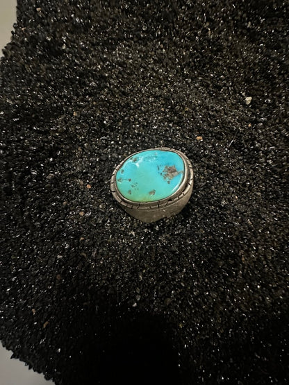 Extra Large Single Stone Turquoise Ring with Thick Filework Bezel, by Shubes - Turquoise Mustang