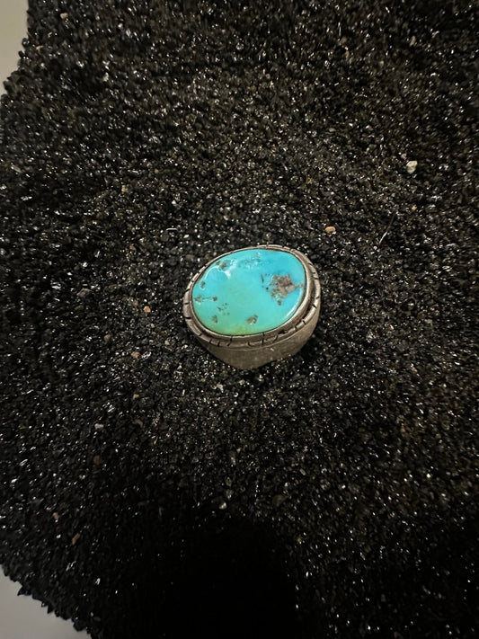 Extra Large Single Stone Turquoise Ring with Thick Filework Bezel, by Shubes - Turquoise Mustang
