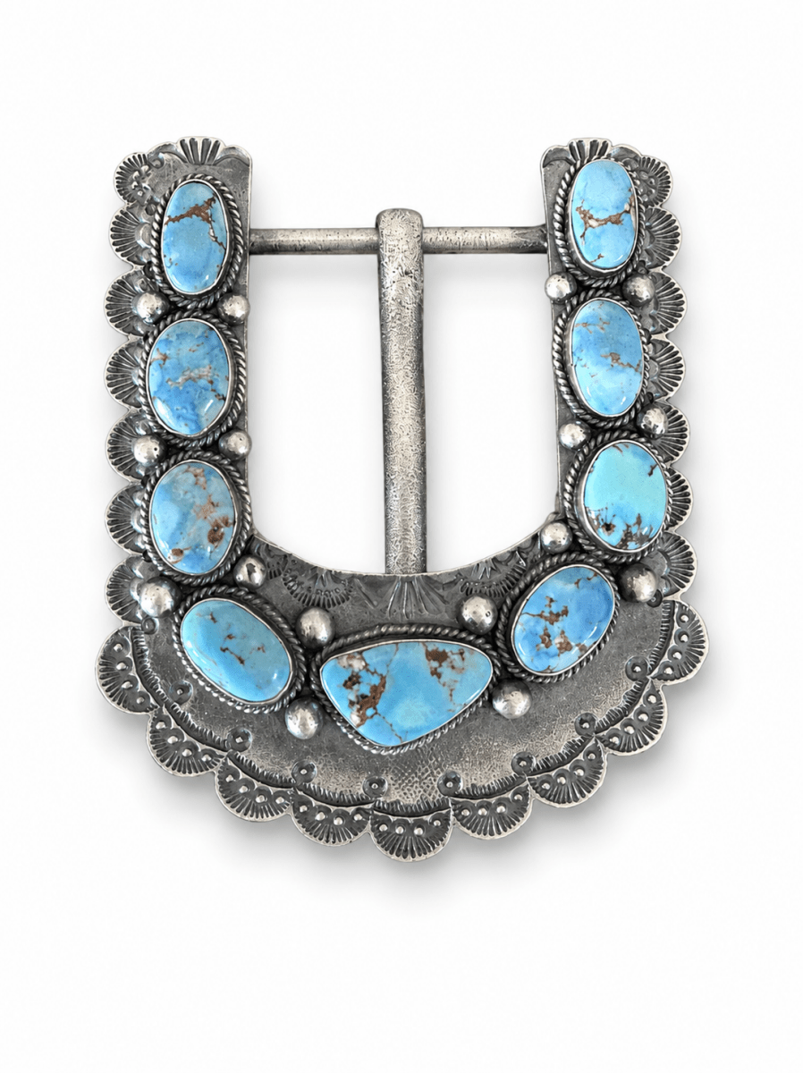 Golden Hills Turquoise and Sterling Silver Statement Belt Buckle by Kevin Billah - Turquoise Mustang