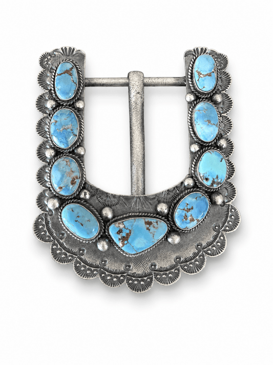 Golden Hills Turquoise and Sterling Silver Statement Belt Buckle by Kevin Billah - Turquoise Mustang