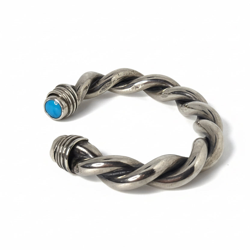 Heavy and Thick Double Twist Cuff Bracelet with Turquoise Endcap Stones - Turquoise Mustang