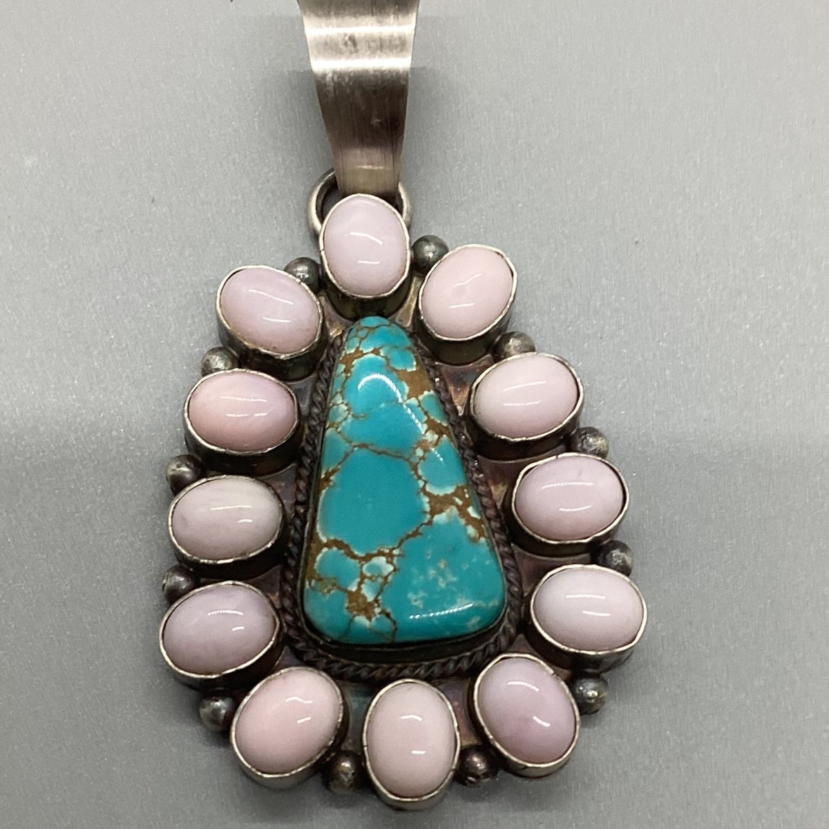 Pendant, 13 stone, Premium 8 and Pink Opal bezel, Cluster, Large, Peterson Johnson (1) (1) (1) - Turquoise Mustang