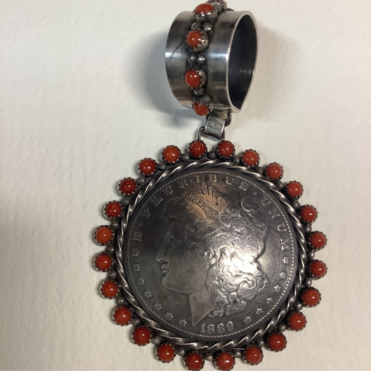 Pendant, Silver Dollar with Mediteranean Coral, Buffalo Dancer Hallmark - Turquoise Mustang