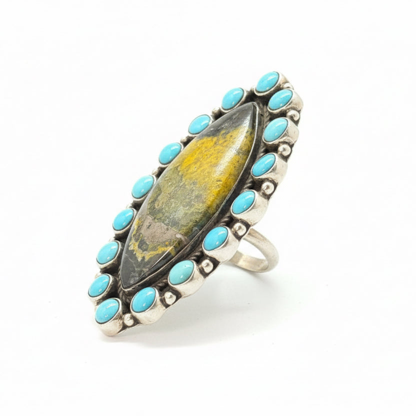 Bumblebee Jasper and Kingman Turquoise Cluster Ring by G James - Turquoise Mustang