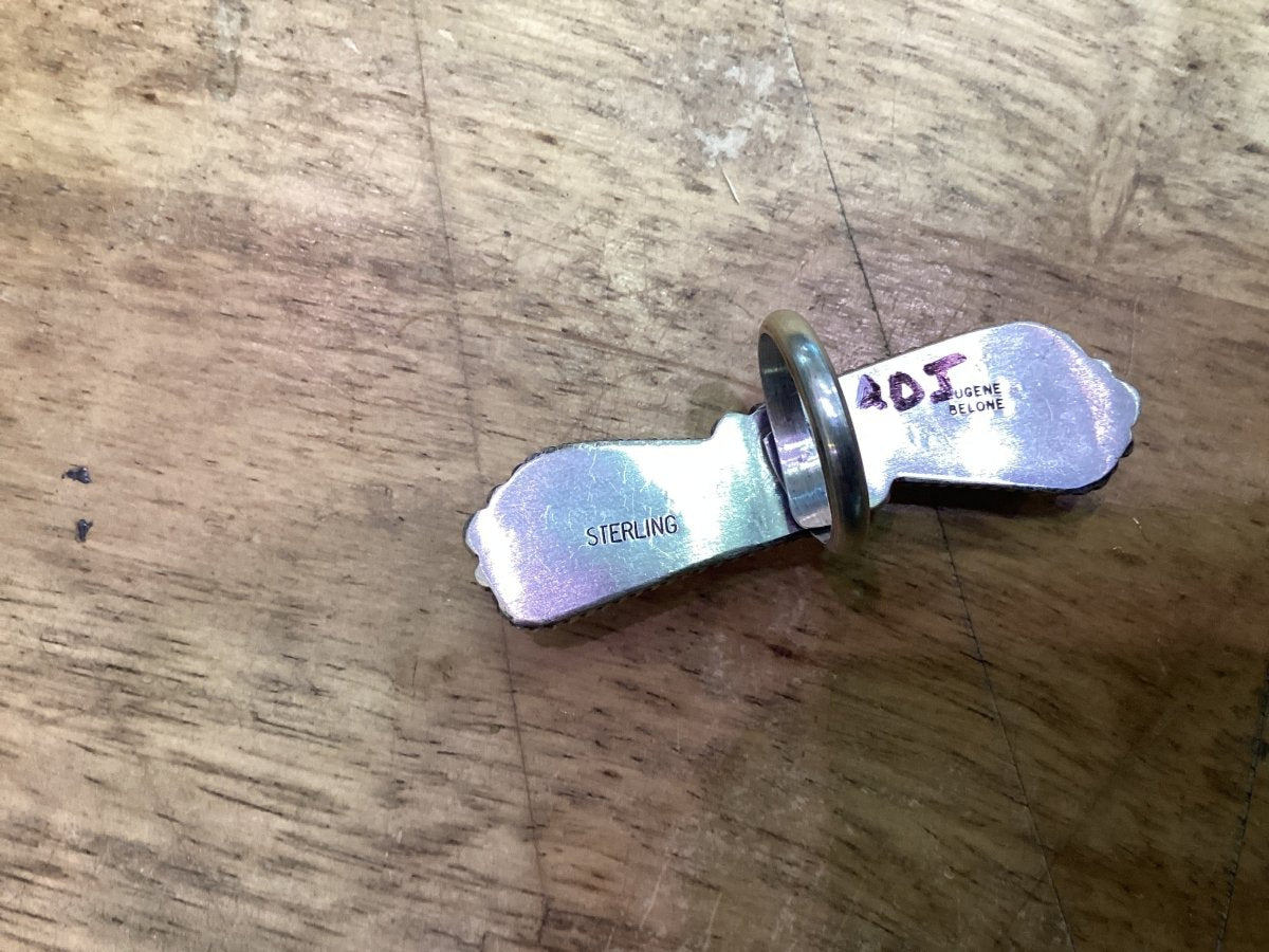 Ring, 2 - stone freeform White Buffalo, rope bezel with Peyote button detail by Eugene Belone - Turquoise Mustang