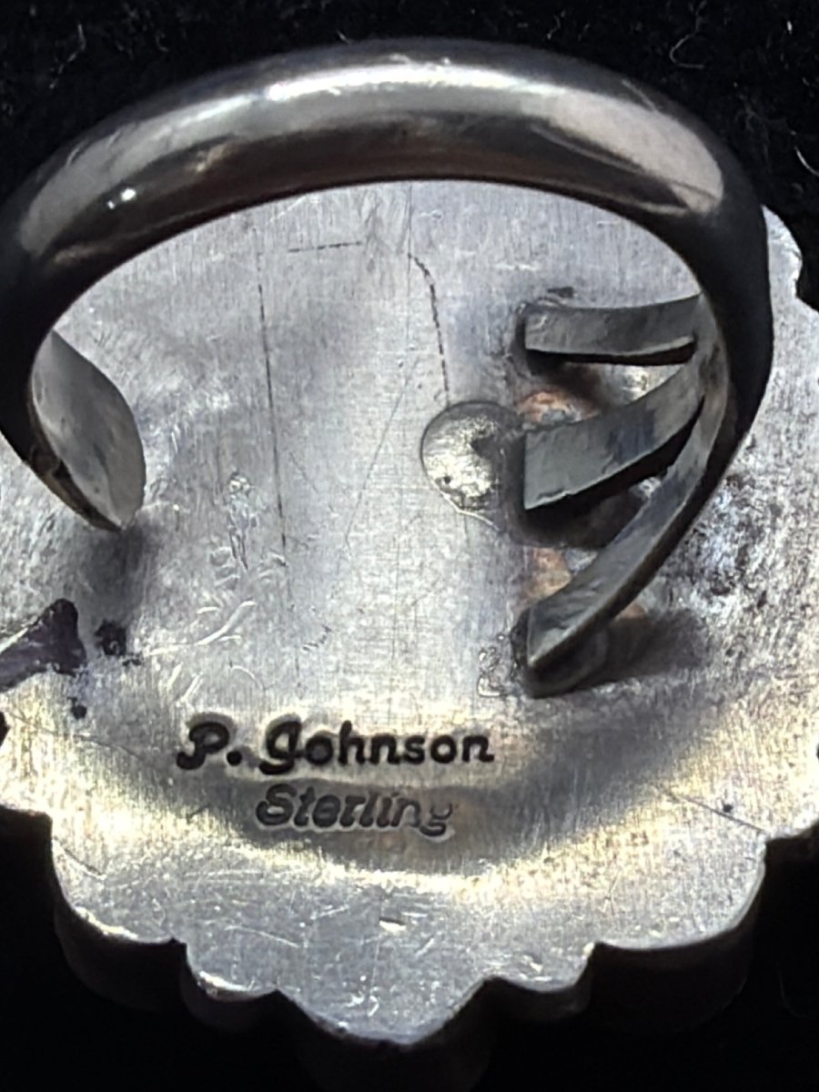 Cluster Ring With Wild Horse Oval & Coral Bezel, Adjustable by Peterson Johnson - Turquoise Mustang