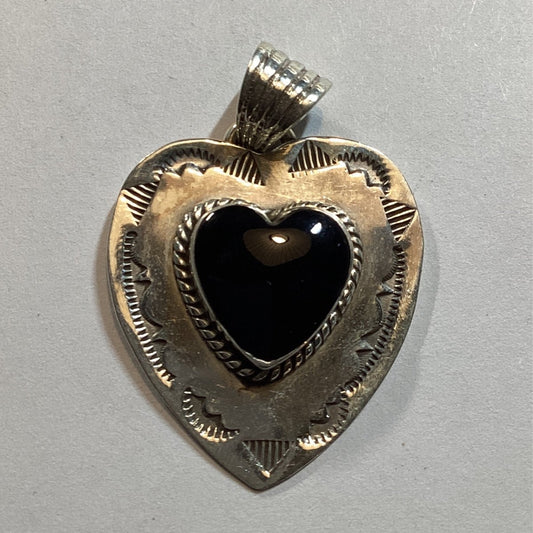 Pendant, Heart, Medium Onyx Heart Cab w/ Stamped shield, DD - Turquoise Mustang