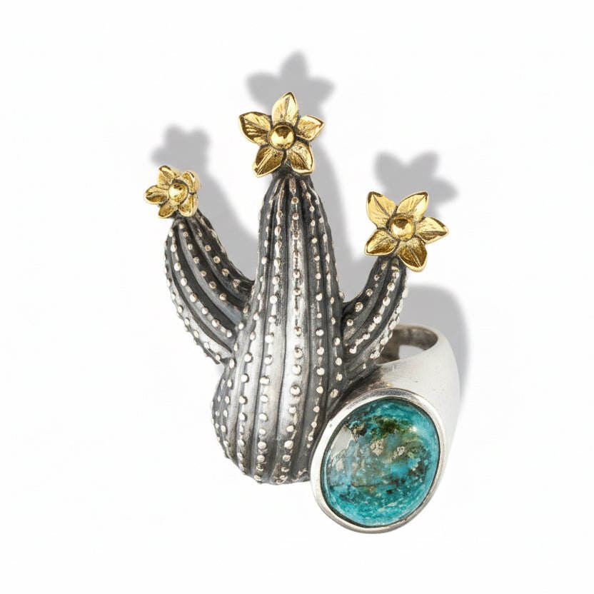 Dimensional Cactus with Gold Flowers and Sonoran Cab, Size 7 by GL Studios - Turquoise Mustang