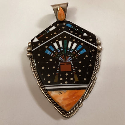 Pendant, elaborate Zuni Inlay, shield shape, spiny oyster, Ray Jack - Turquoise Mustang