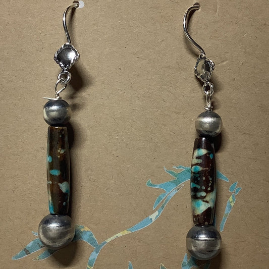 Earrings, 2 N - Pearls top&bottom, turquoise torpedo in the middle,, Turquoise Mustang (1) - Turquoise Mustang