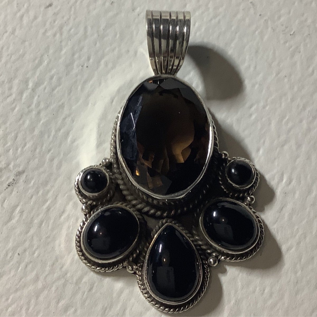 Faceted Smoky Quartz Pendant with 5 Onyx Accents and Rope Bezel by Dan Dodson - Turquoise Mustang