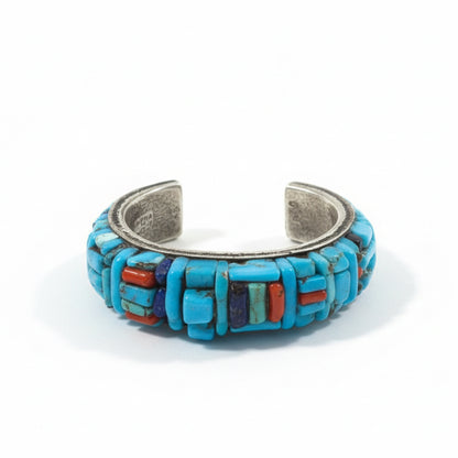 Cobblestone Inlay Turquoise, Coral & Lapis Cuff Bracelet, Lester James - Turquoise Mustang