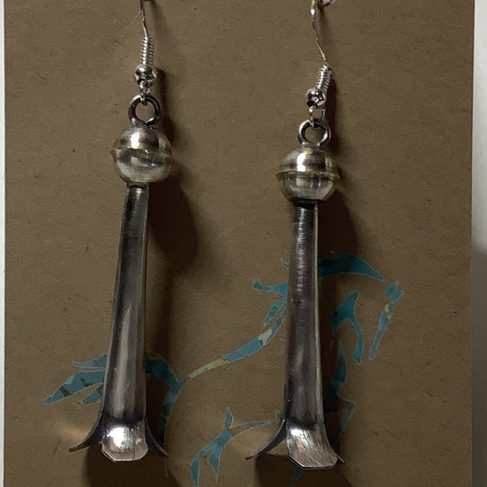 Earring, long burnished Squash Blossoms, - Turquoise Mustang