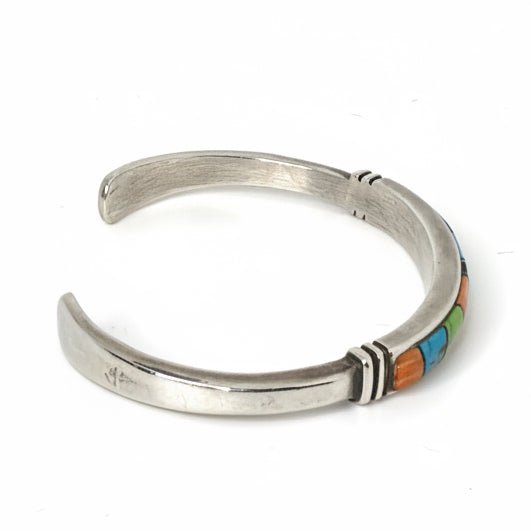 Multi-Stone Vertical Inlay Sterling Silver Cuff, Navajo - Turquoise Mustang