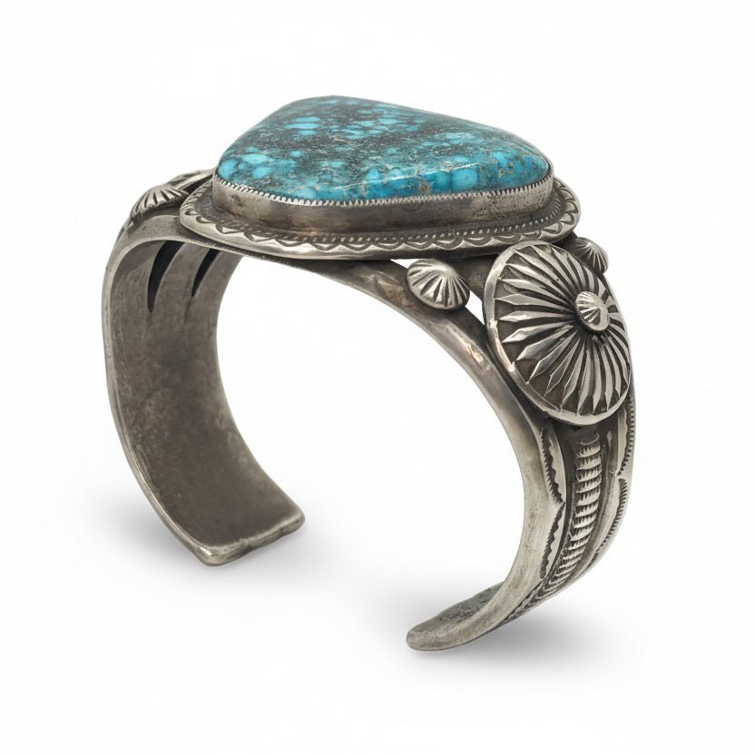 Premium Trillion - Cut Kingman Turquoise Cuff by Calvin Martinez - Turquoise Mustang
