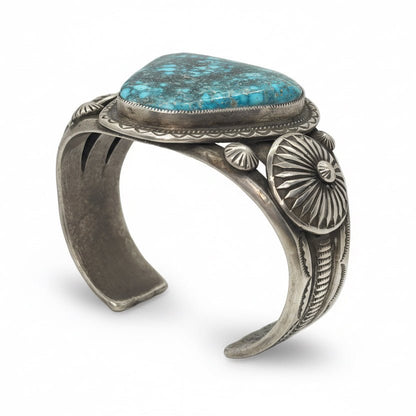 Premium Trillion - Cut Kingman Turquoise Cuff by Calvin Martinez - Turquoise Mustang