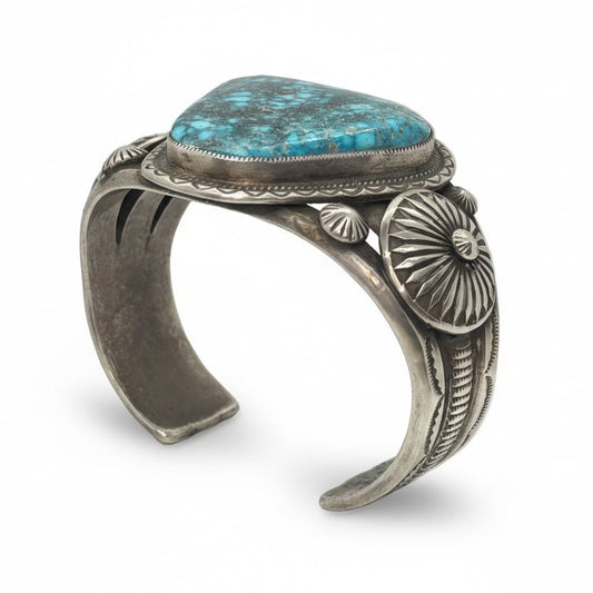 Premium Trillion - Cut Kingman Turquoise Cuff by Calvin Martinez - Turquoise Mustang