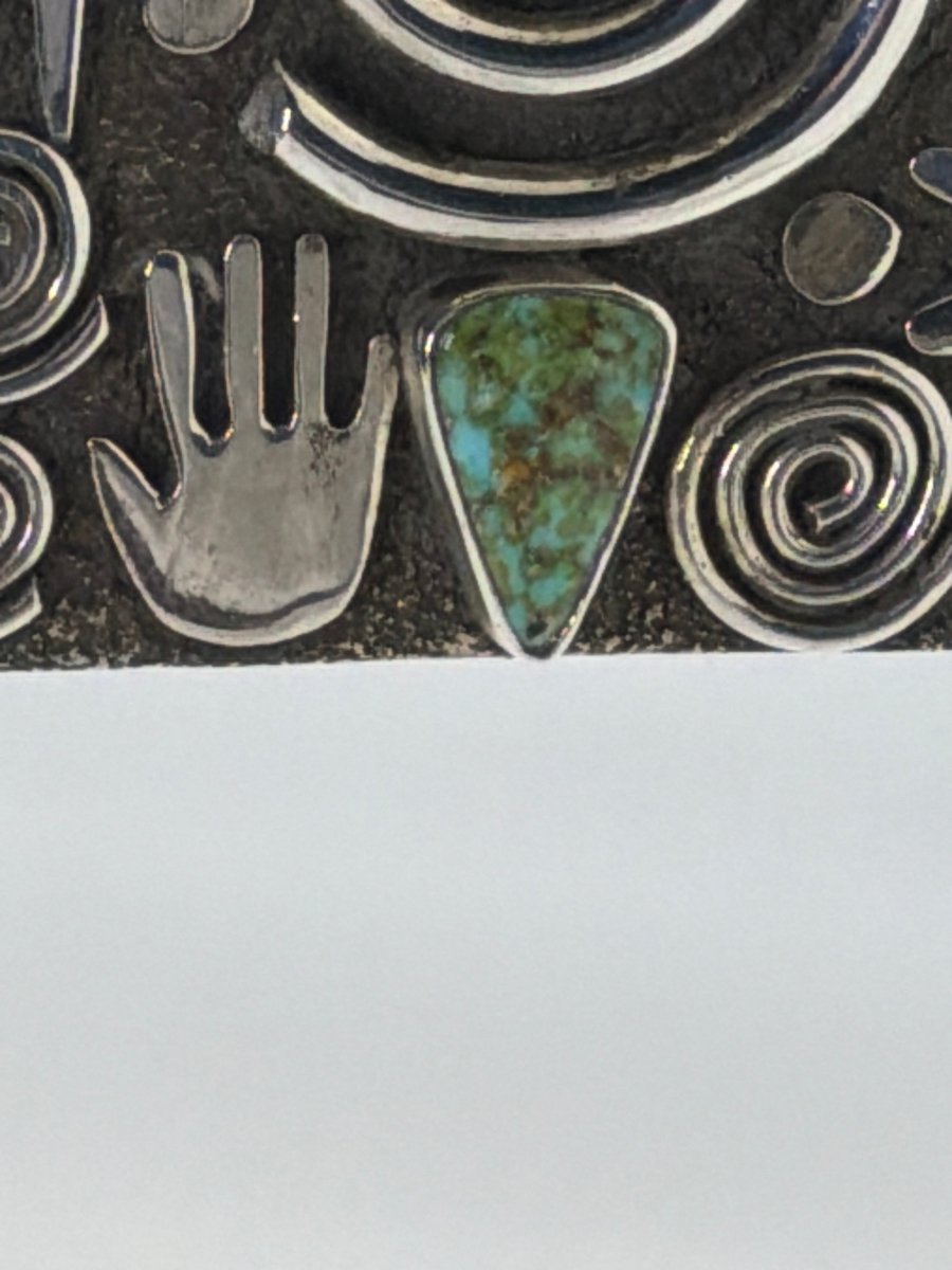 Large Square Story Symbol Pendant with Royston Turquoise by Alex Sanchez - Turquoise Mustang