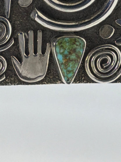 Large Square Story Symbol Pendant with Royston Turquoise by Alex Sanchez - Turquoise Mustang