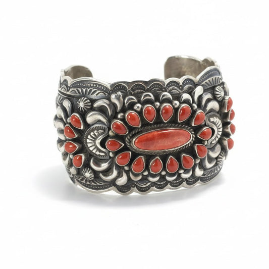 Wide Cuff with Red Coral and Spiny Oyster, Darryl Becenti - Turquoise Mustang