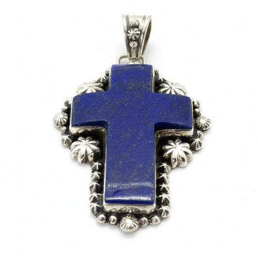 The Passion Flower Cross Pendant in Premium Lapis - Turquoise Mustang